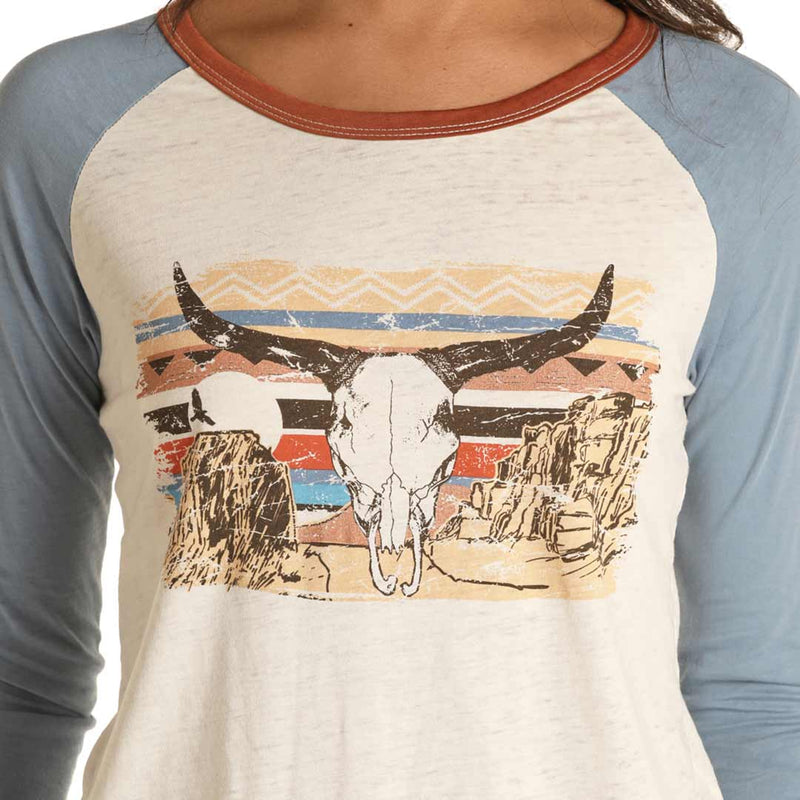 Rock & Roll Cowgirl Women's Steer Skull Baseball T-shirt