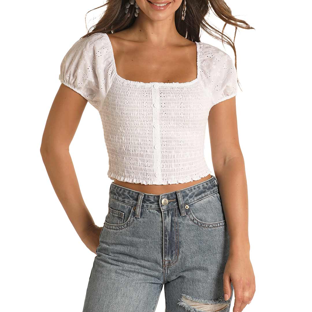 Panhandle Women's Eyelet Smocked Bodice Cropped Top