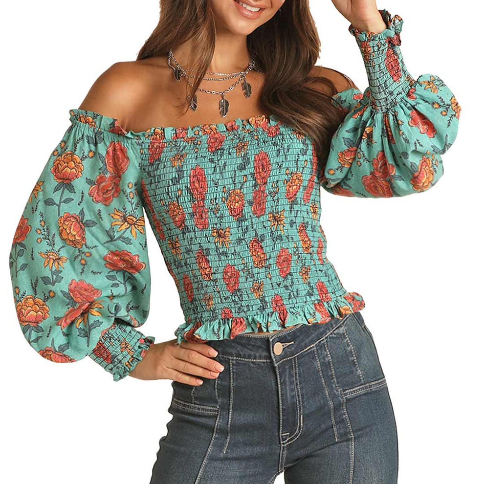 Rock & Roll Cowgirl Women's Floral Print Smocked Off-Shoulder Top