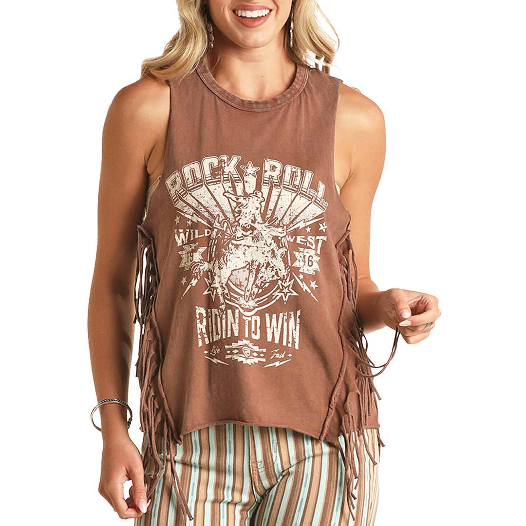 Rock & Roll Cowgirl Women's Fringe Riding to Win Graphic Tank Top