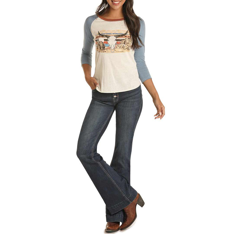 Rock & Roll Cowgirl Women's Steer Skull Baseball T-shirt