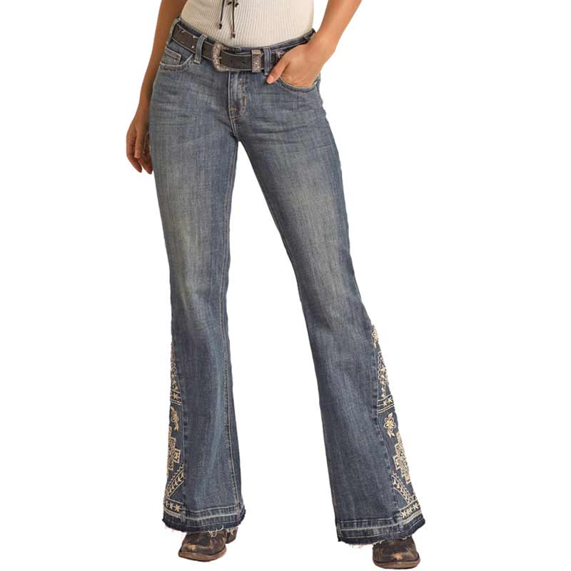 Rock & Roll Denim Women's Aztec Mid Rise Stretch Flare Leg Trouser Jeans