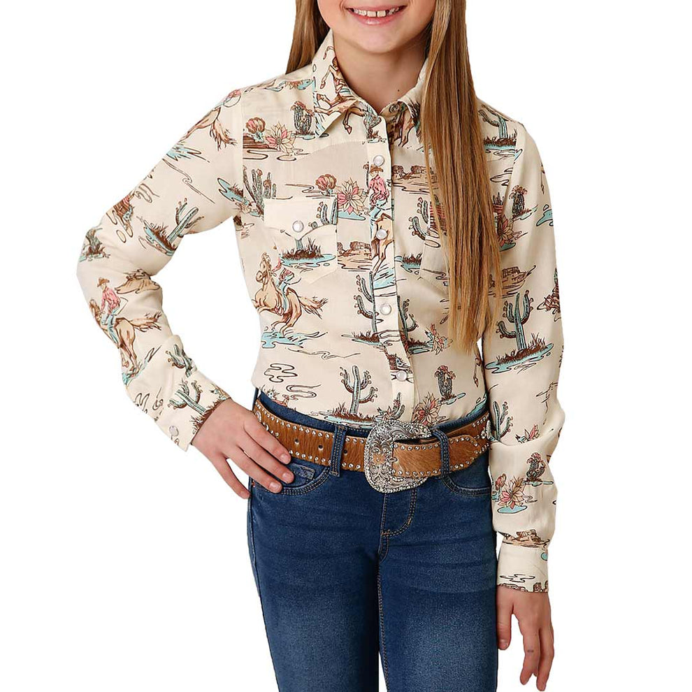 Roper Girls' Desert Cowgirl Print Snap Shirt