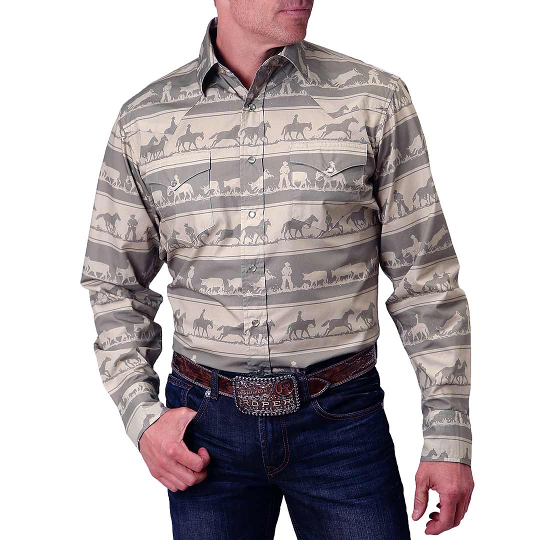 Roper Men's Cowboy Print Stripe Snap Shirt