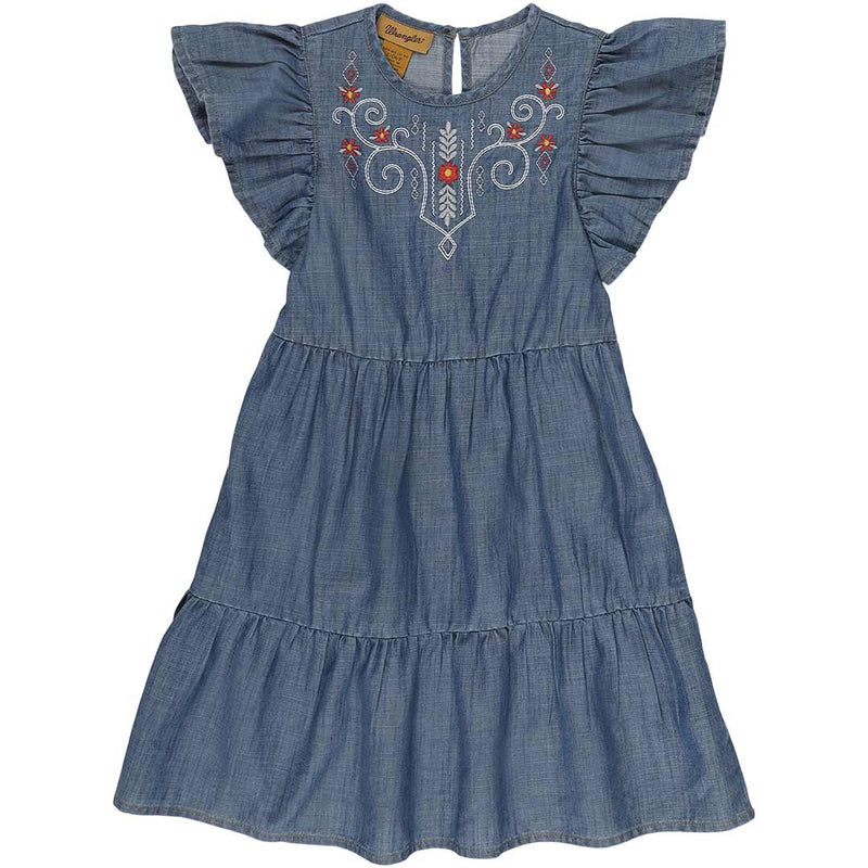 Wrangler Girls' Ruffle Sleeve Embroidered Denim Dress