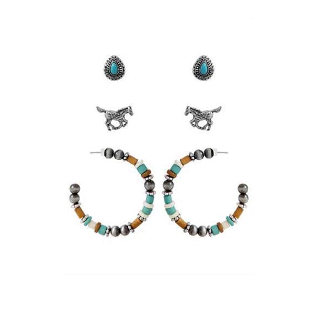 Wyo-Horse Beaded Hoops Horse Teardrop Earrings - Set of 3